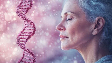 Serene older woman with DNA strand, reflecting on life's journey. Pink and purple tones create a peaceful mood.