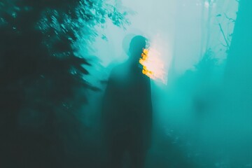 Deep teal water with a person's silhouette. AI.