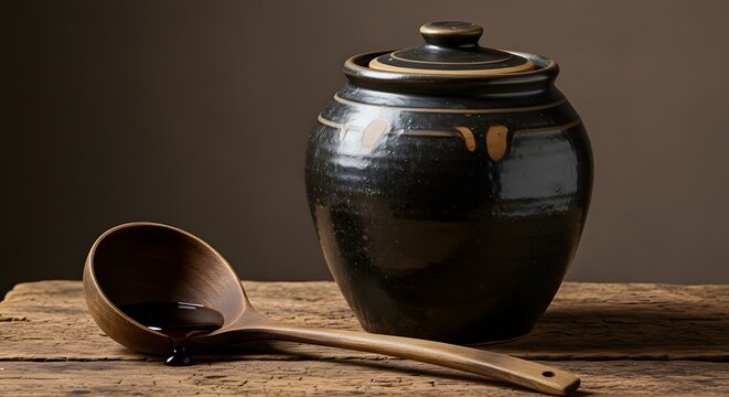 Still life of a dark ceramic jar with lid and a wooden spoon filled with dark liquid