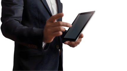Man in suit using a tablet with TRANSPARENT screen against a TRANSPARENT background in a studio setting