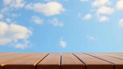 Wooden Tabletop with Blue Sky and Clouds Background.