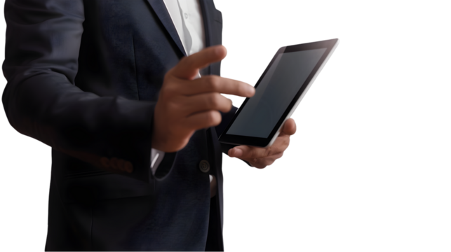 Man in suit using a tablet with TRANSPARENT screen against a TRANSPARENT background in a studio setting