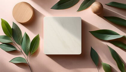 Elegant Minimalist Mockup Square Marble Platform with Green Leaves and Wooden Accents