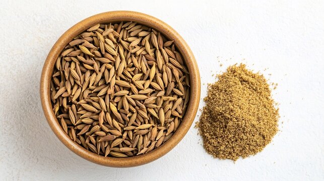 Top down view of a bowl of whole cumin seeds with a small heap of ground cumin beside it arranged neatly on a white surface overlay cut out on isolated transparent removed background