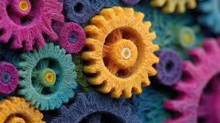 "Abstract representation of machine learning with gears and neural nodes interconnected, vibrant colors 