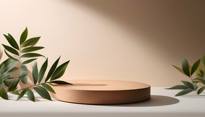 Elegant Wooden Display Platform with Lush Green Tropical Leaves Minimalist Product Presentation