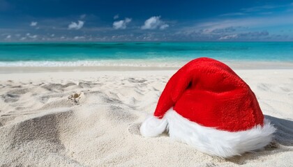 christmas background with red hat on the white caribbean sand
