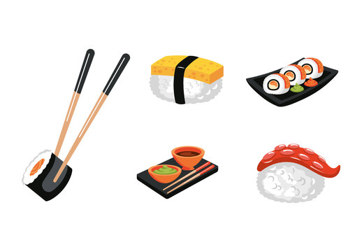 Black And Red Japanese Food Sushi Meal Stickers Set
