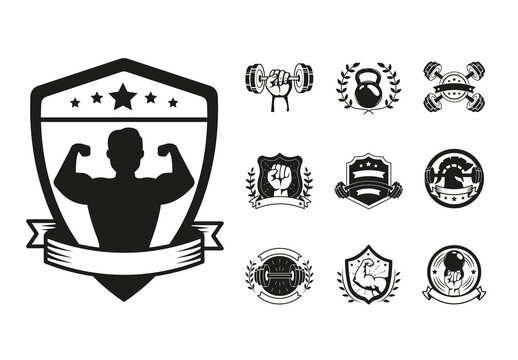 Black Strong Fitness Shield Dumbbell Gym Emblem Icons Set