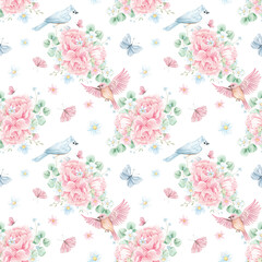 Peony watercolor pattern. Spring, blossom. Pink flowers. Birds. Textiles. Home textiles. Pink peonies. Delicate watercolor print. Wallpaper. Wrapping paper.