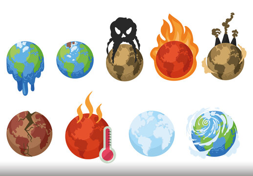 Colorful Global Planet Heat Pollution Drought Nature Set