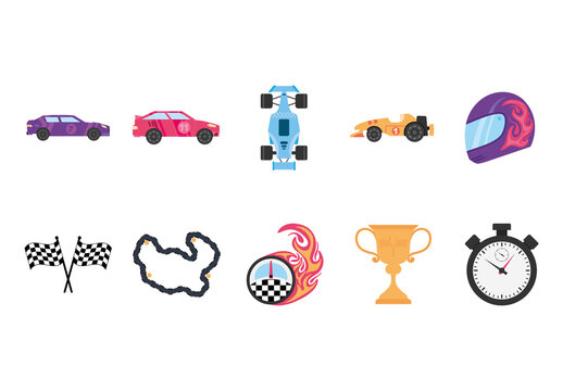 Yellow And Purple Helmet Trophy Track Car Icons Set
