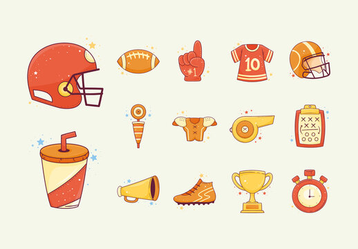 Orange And Red Helmet Trophy Whistle Jersey Icons Set