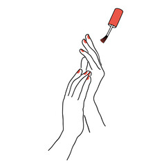 The lady does a manicure, paints her nails with varnish. Silhouette of female hands in a modern one line style. Solid line, aesthetic outline for decor, posters, stickers, logo. Vector illustration.