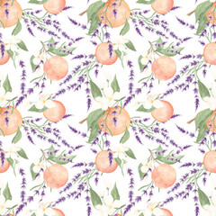 Watercolor pattern. Citrus. Lavender. Greece. Spain. Santorini. Texture. Juicy pattern. Lemon, orange. Home textile. Wallpaper. Wrapping paper.