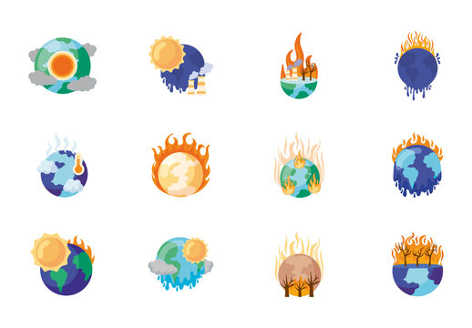 Orange And Blue Climate Heat Planet Global Warming Icons Set