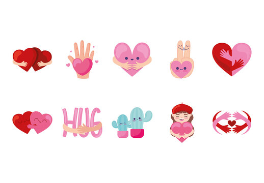 Pink And Red Embrace Hug Care Love Stickers Set