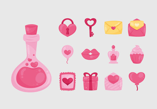 Pink And Yellow Love Gift Envelope Cupcake Icons Set