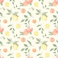 Watercolor pattern. Citrus. Lavender. Greece. Spain. Santorini. Texture. Juicy pattern. Lemon, orange. Home textile. Wallpaper. Wrapping paper.