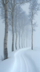 A winding snow-covered path meanders through a misty birch forest, creating a serene winter scene