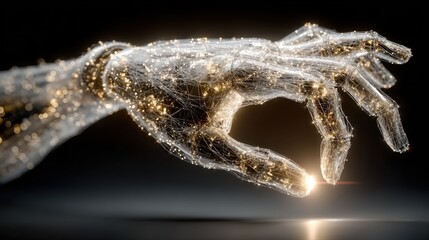 "Cybernetic hand reaching out to touch a glowing interface, symbolizing human-AI interaction 