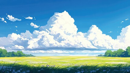 Obraz premium Dreamy Meadow Animestyle Landscape with Cloudscape Vibrant Field.