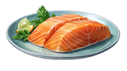 Two fillets of salmon presented on a plate with lemon and parsley