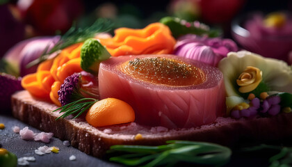Exquisite Tuna Sashimi Appetizer on Toasted Bread with Edible Flowers and Vegetables