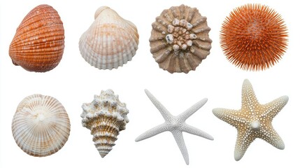 Ocean Treasures Shells  Starfish on White with Isolated.