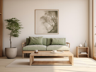 Minimalist japandi and wabi sabi style living room in light neutral tones and natural materials, with pottery decor and sage color accents. Japanese style living room. Minimalist interior.