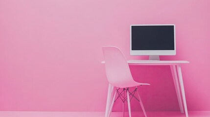 Millennial Pink Workspace Minimalist Desk Setup with Blank Monitor.