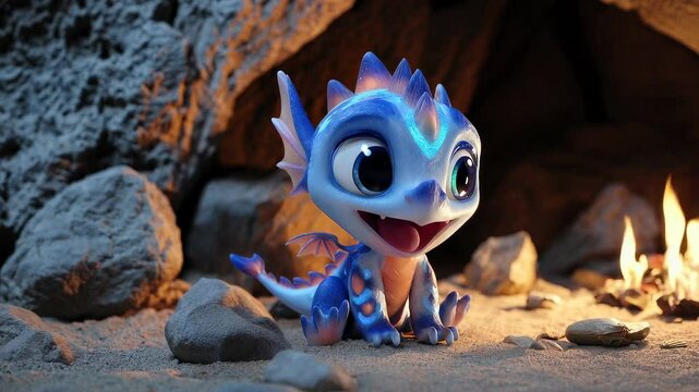 The scene shows a cute cartoon dragon sitting on rocky ground, featuring an adorable baby dragon with large expressive eyes and a cheerful smile, a fantasy creature with a light
