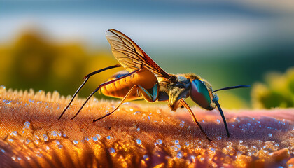 Stunning Close up of a Vibrant Insect on Dew Covered Flower Petal at Sunrise