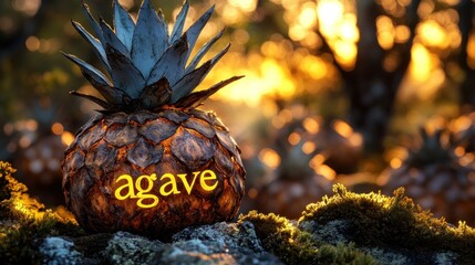 Agave plant in a pineapple-shaped container at sunset