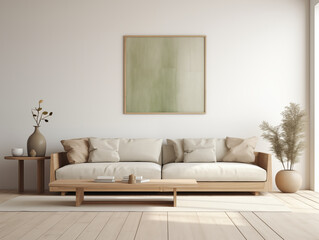 Minimalist japandi and wabi sabi style living room in light neutral tones and natural materials, with pottery decor and sage color accents. Japanese style living room. Minimalist interior.