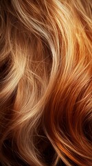 Naklejka premium Luxurious waves of golden, auburn, and honey-colored hair cascade smoothly, showcasing vibrant textures. This close-up image captures the beauty and shine of healthy hair and its captivating movement.