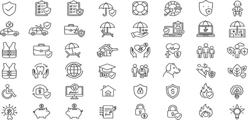 Insurance, assurance, protection and risk editable stroke outline icons set isolated on white background flat vector illustration