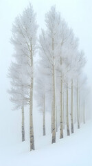 Hoarfrost-covered aspen trees stand tall in a snowy, misty landscape
