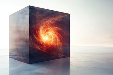 A mysterious cube sits on a reflective surface, containing a swirling vortex of fiery energy within.