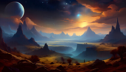 Breathtaking Fantasy Landscape Sunset over Alien Mountains and Canyon Distant Planet