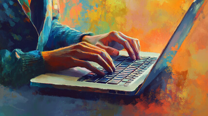 A writer types on a laptop, producing content for a blog, article, school essay, or business report, reflecting a professional or academic setting