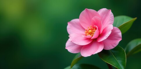 Fototapeta premium Single pink camellia blossom, rich green background , blossom, spring, plant