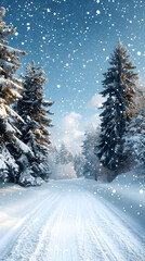 Snowy road through a winter forest with falling snow