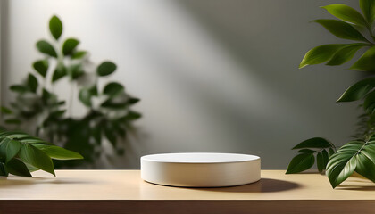 Minimalist Product Display White Cylinder on Wooden Table with Lush Greenery