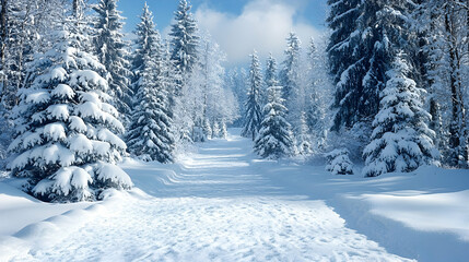 Sunlit snowy path winds through a pristine winter forest, snow-laden evergreens lining the way