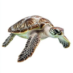 Obraz premium Green Sea Turtle Swimming - A vibrant green sea turtle gracefully swims, showcasing its intricate shell pattern and elegant flippers against a stark white background