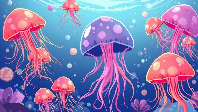 Niedliche Qualle im Cartoonstil mit leuchtenden Farben, umgeben von schwebenden Blasen und anderen Quallen, auf blauem, verspieltem Unterwasserhintergrund.