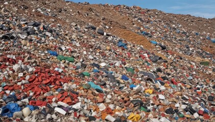 A massive heap of discarded waste overflowing at a landfill , plastic, rubbish, refuse