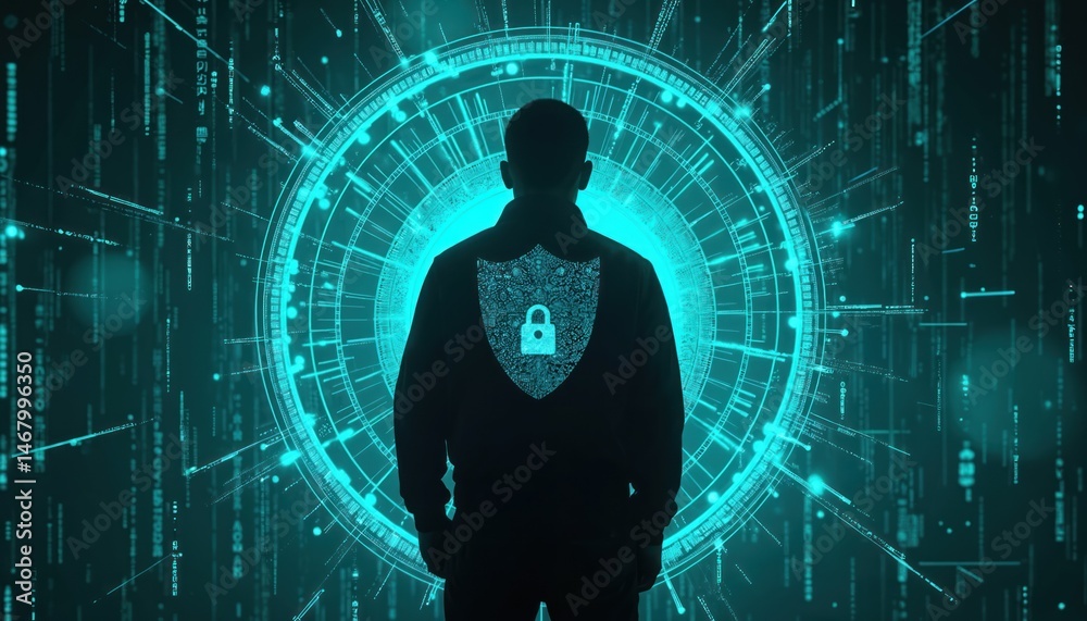 Poster illustration cybersecurity data protection concept. human silhouette with shield, padlock, data stre