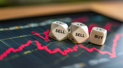 Dice marked with "SELL" and "BUY" rest atop a downward-trending financial chart, highlighting investment decisions during a market decline